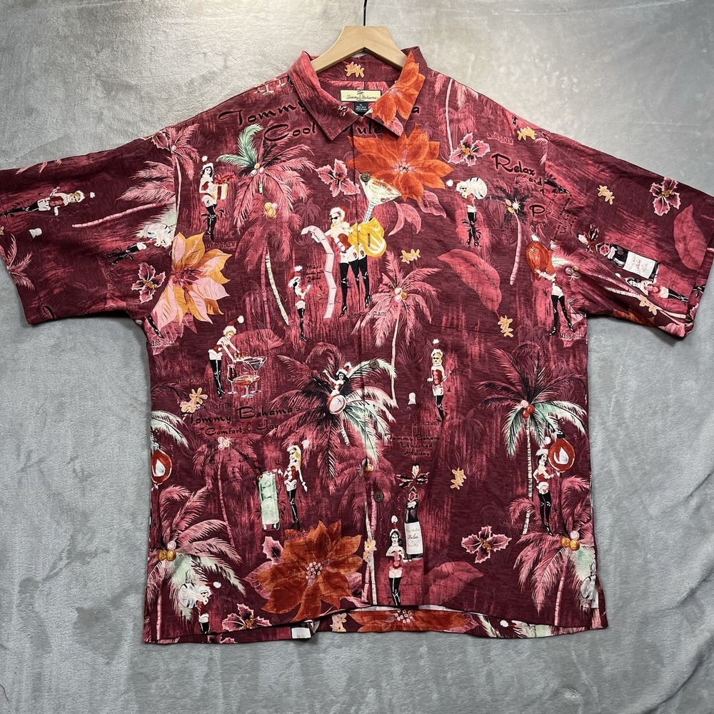 Vtg‎ Tommy Bahama Mens XL Red Christmas Drinks Floral Silk Button Hawaiian Shirt